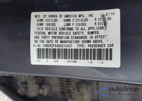 2014 Honda Accord Ex-L из США, поврежденный, VIN 1HGCR2F84EA210437